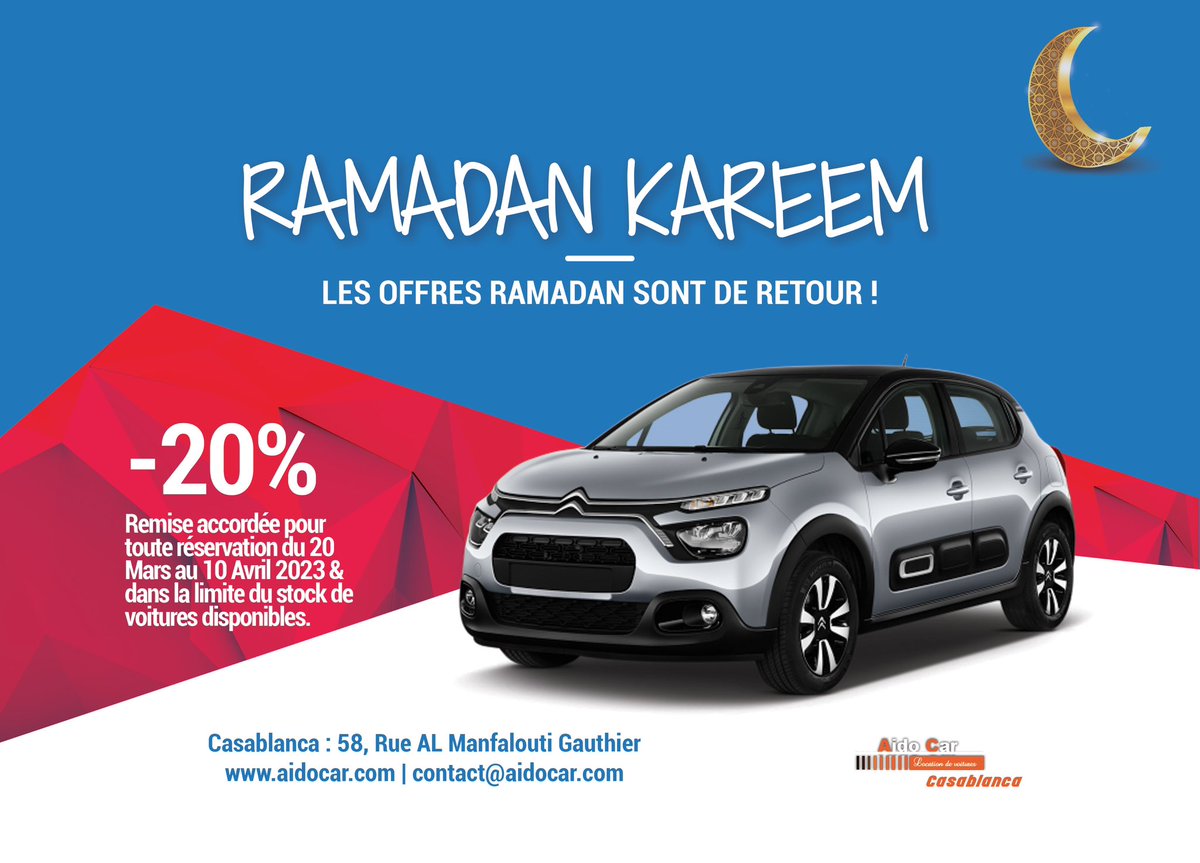 Aidocars's tweet photo. Louez votre voiture à Casablanca &amp; bénéficiez d'une réduction de -20% sur votre location pendant toute la durée du mois de Ramadan. Découvrez la ville en toute liberté &amp; profitez de notre large sélection de voitures en promotion.
Réservation en ligne: 
https://t.co/4kesNk1P9D https://t.co/ZQMNpirRaF