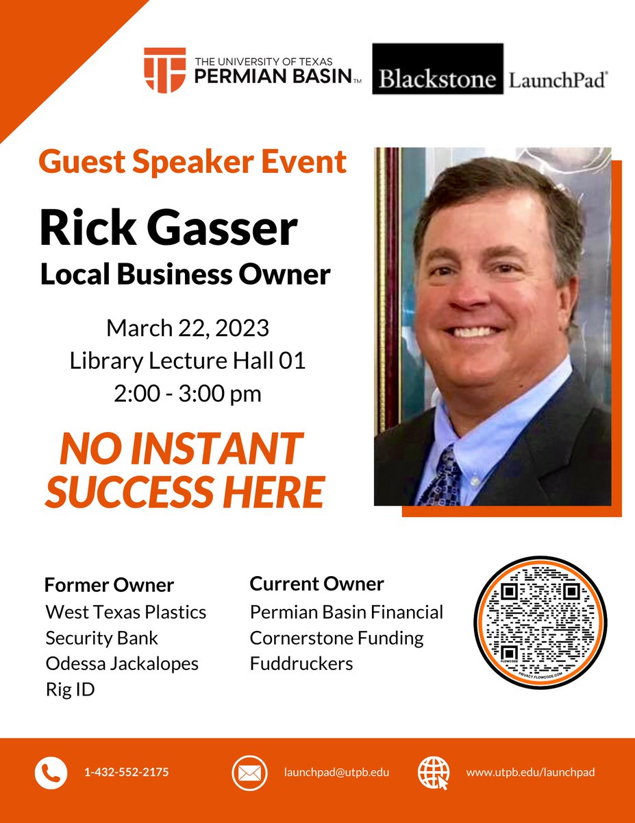 Falcons, today is the day! 
Guest Speaker Rick Gasser will discuss the journey of becoming a local founder. Don't miss this opportunity!
Space  is limited!  Pre-register for a chance to win a pair of Apple Airpod Pros. tinyurl.com/3tdcu4u7
<a href="/utpb/">UT Permian Basin</a> 
@utpbcob
