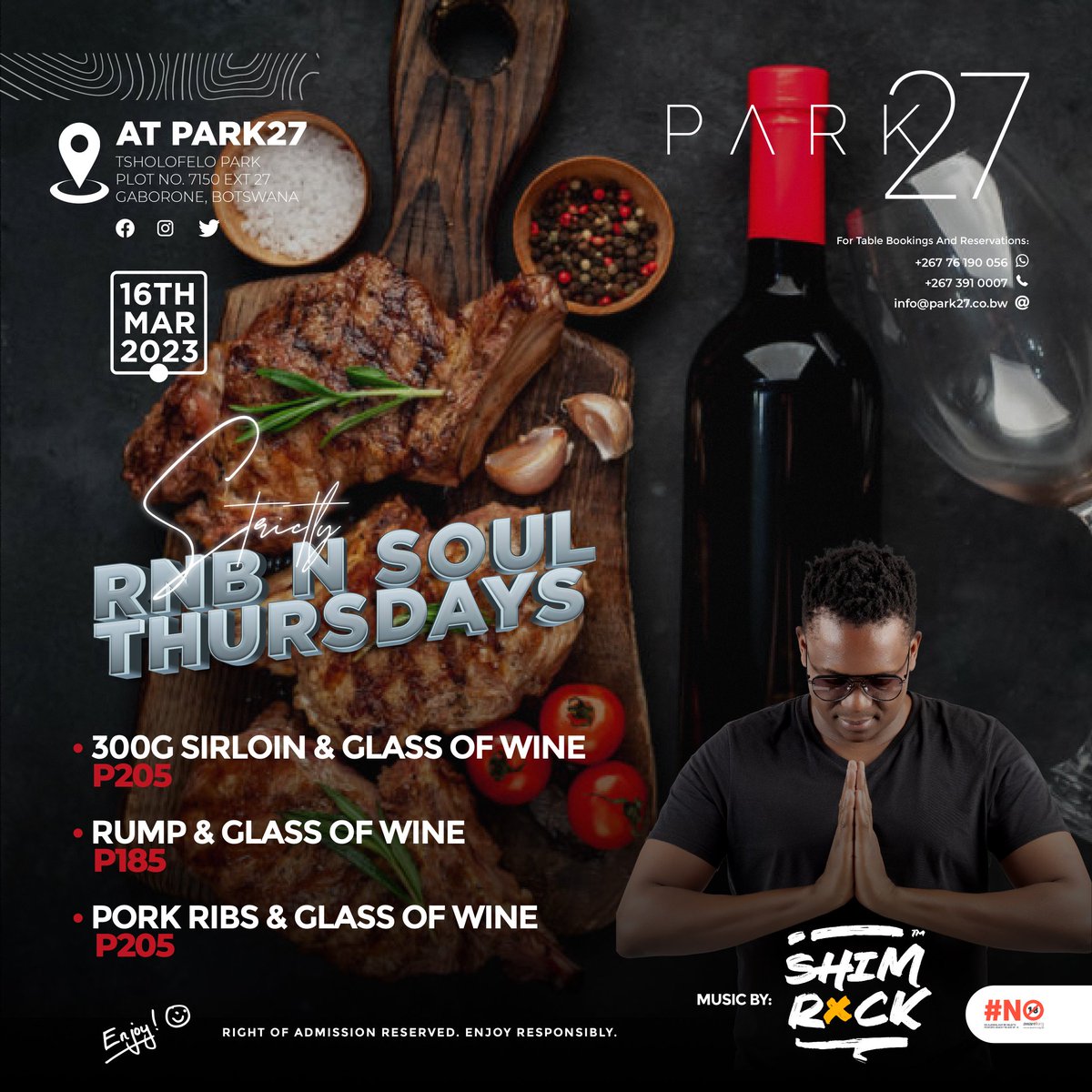 ShimrockBW's tweet photo. Thursday - #RnBnSoulThursdays Exclusive to @Park27bw.
Thursday - #RockSolidMix on RB2 @21hr10
Friday - #HappyHourFridays The Fig Tree (Grand Palm)
Saturday - Rush Hour @NewsCafeBW (2pm till Late)
Sunday - Jam n Soul (Gaborone Club)
Sunday - #SundayPoint Exclusive to @ElementsBW https://t.co/USgj3GGetL