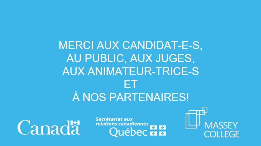 AcfasToronto's tweet photo. Merci aux candidat-e-s, au public, au comité organisateur, aux animateurs et aux partenaires, grâce à qui la finale torontoise de #mt180 a pu être organisée et des bourses remises : @MasseyCollege @Patrimoinecdn et @QuebecToronto  Secrétariat du Québec aux relations canadiennes https://t.co/s0WaXvRcwc