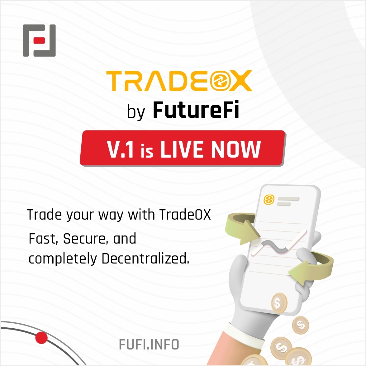 futuresfinance's tweet photo. Attention all #FutureFi users! We are thrilled to announce that our #decentralized exchange, TradeOX, is now live and ready for trading! With #TradeOX, you'll be able to buy, sell, and trade #cryptocurrencies in a completely decentralized manner. https://t.co/3uCTclWp2E