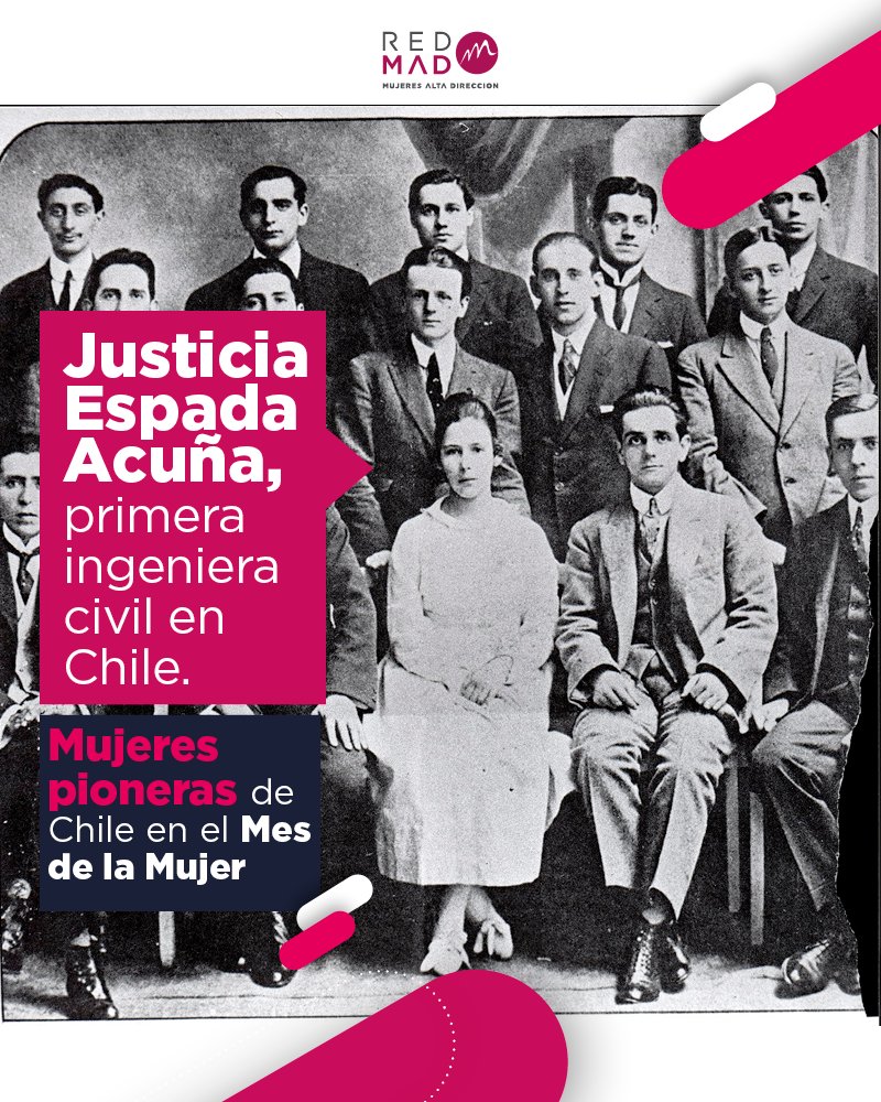 Seguimos destacando a grandes pioneras de nuestro país: Justicia Espada Acuña, la primera mujer en estudiar ingeniería y ejercer profesionalmente como ingeniera civil en Chile y Sudamérica.

¡Por más mujeres líderes y pioneras en nuestro país!

Foto: Wikipedia
