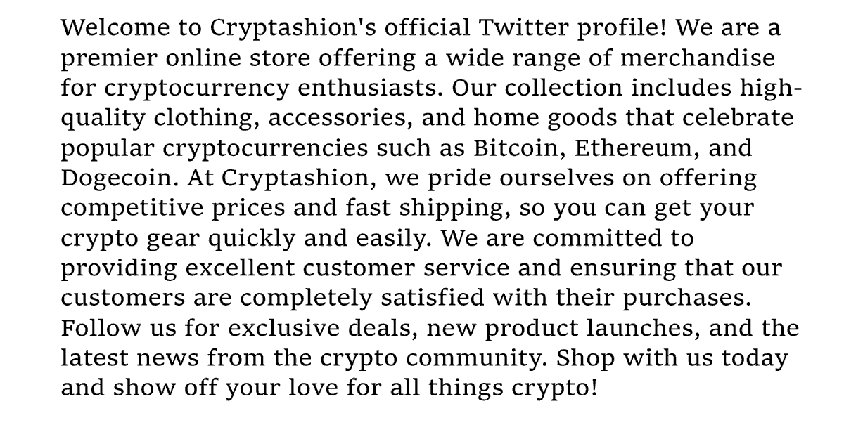 Cryptashion's tweet photo. "Get ready to show off your crypto style with our latest collection! #Cryptocurrency never looked so good. Stay tuned for our big reveal! #Cryptashion https://t.co/otzpPKlP1j