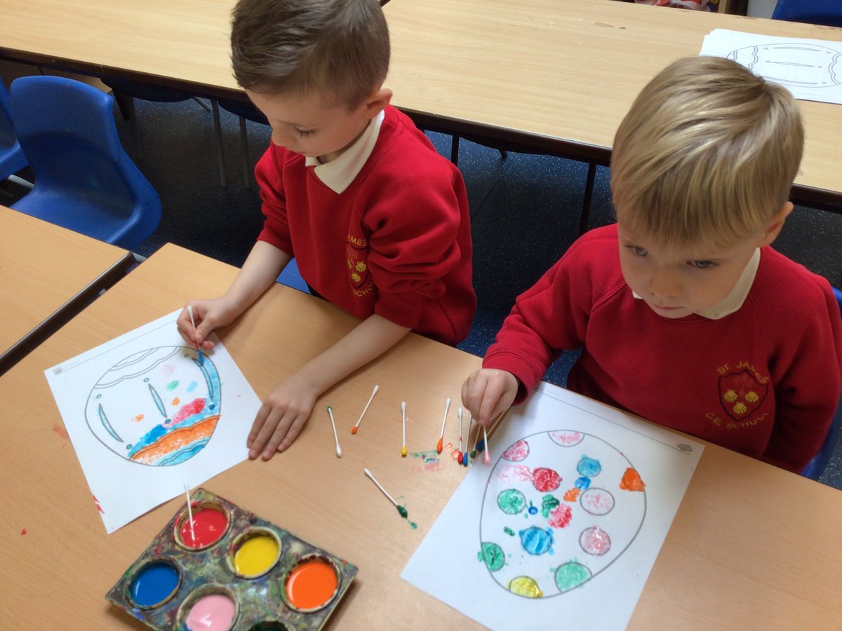 stjameswigan's tweet photo. In Reception class, we have been using cotton buds and paint to decorate some Easter egg shapes.
#ASPIRE
#STIMULATINGMINDS https://t.co/XFhKP8IiIu