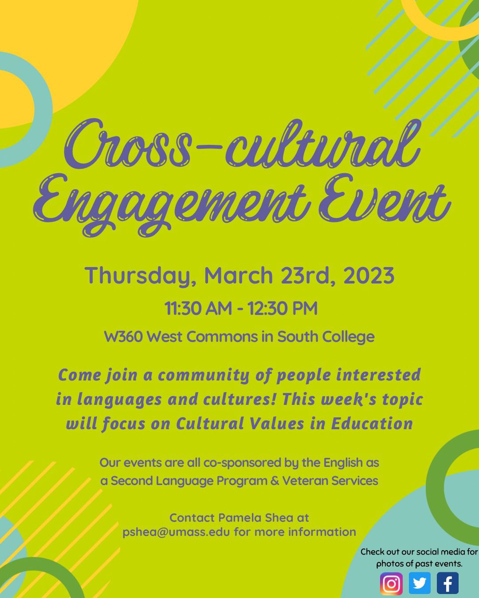 esl_umass's tweet photo. Join us Thursday, March 23rd, for another CCEI event! Food & beverages will be provided and all our events are co-sponsored by the English as a Second Language Program & UMass Amherst Veteran Services. Everyone in the UMass community is welcome, see you there!
#eslprogram #umass https://t.co/CBrncEpNGL