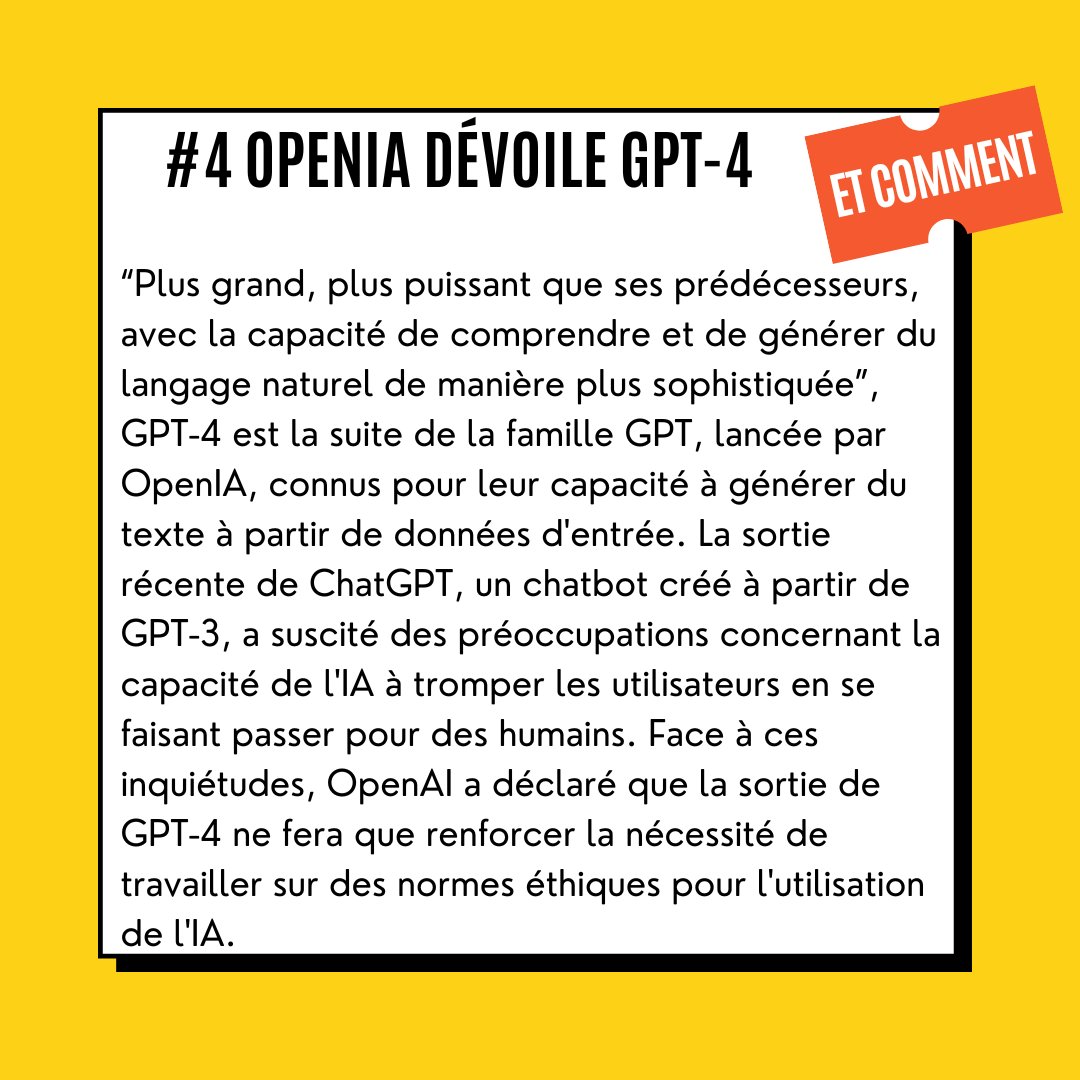 klh_agency's tweet photo. DIGI'PRESS - 13 au 18 mars

🗓 Au programme : 
- Le PDG historique de #Twitch démissionne
- Le gouvernement britannique décide de bannir #TikTok
- #Netflix souhaite créer sa propre plateforme publicitaire
- OpenIA dévoile #GPT-4
- #Microsoft présente son nouveau assistant GPT-4 https://t.co/pQbdFFasJ7