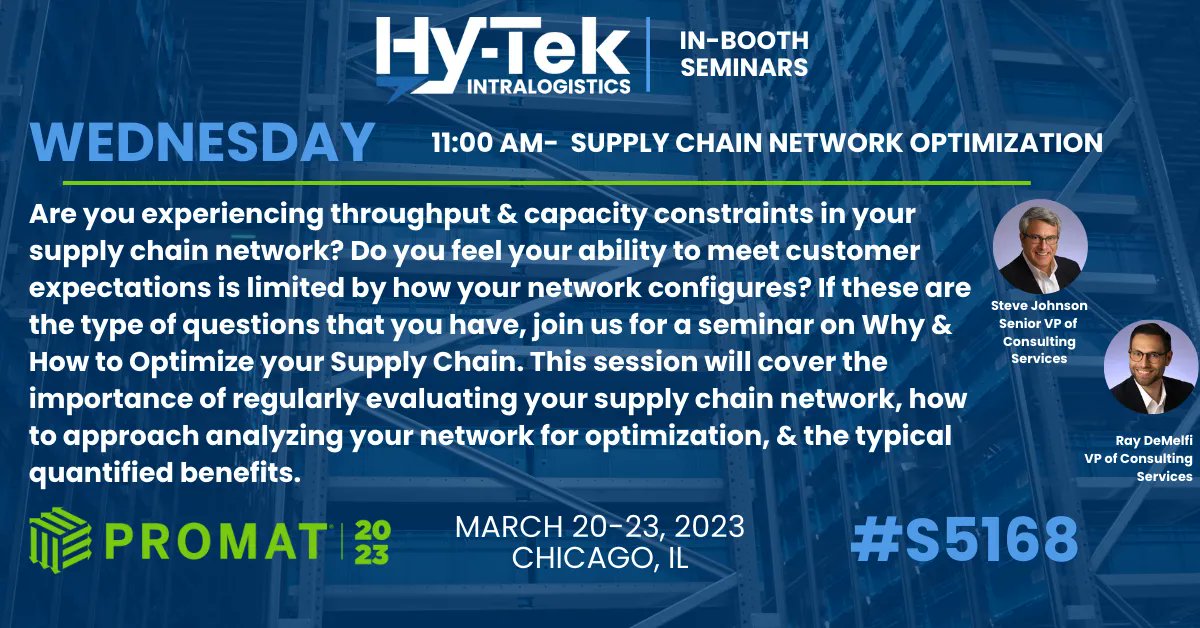 HyTekMH's tweet photo. ❗️In-Booth Seminar Reminder❗️Join us at 11 AM in Hy-Tek's booth, #S5168, with Steve Johnson &amp; Ray DeMelfi as they cover the importance of regularly evaluating your #supplychainnetwork, how to approach analyzing your network for optimization &amp; the typical quantified benefits https://t.co/NCrkG6H4mr