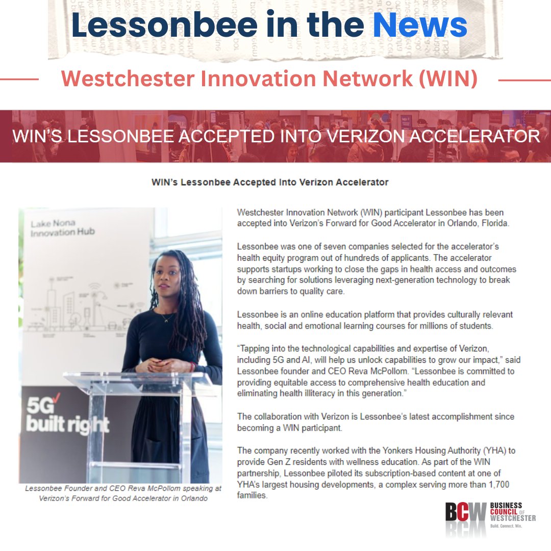 lessonbee's tweet image. Press Alert!📣 Thank you Westchester Innovation Network for featuring our acceptance into Verizon&apos;s Forward for Good Accelerator. 📰

Check out the article here: thebcw.org/wins-lessonbee… 

#Lessonbee #HealthStartsHere #EdTech #HealthTech #WestchesterInnovationNetwork