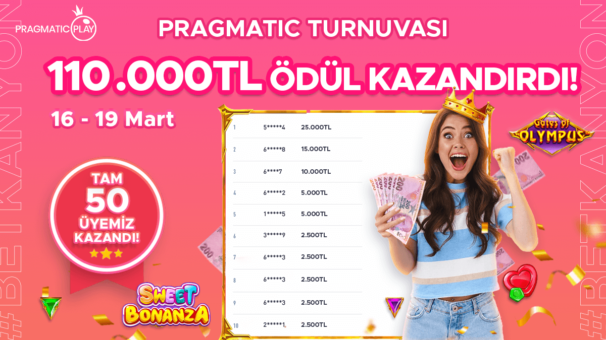 16 - 19 Mart Tarihlerinde Pragmatic Turnuvası 110.000₺ Ödül Kazandırdı!💥 Tüm üyelerimizi tebrik ederiz.🥳 Güncel kampanyalardan haberdar olmak ve bahis yapmak için hemen giriş yap, sen de kazan!👇 bit.ly/BKTwitterGiris #casino #slot #pragmatic #bahis #betkanyon