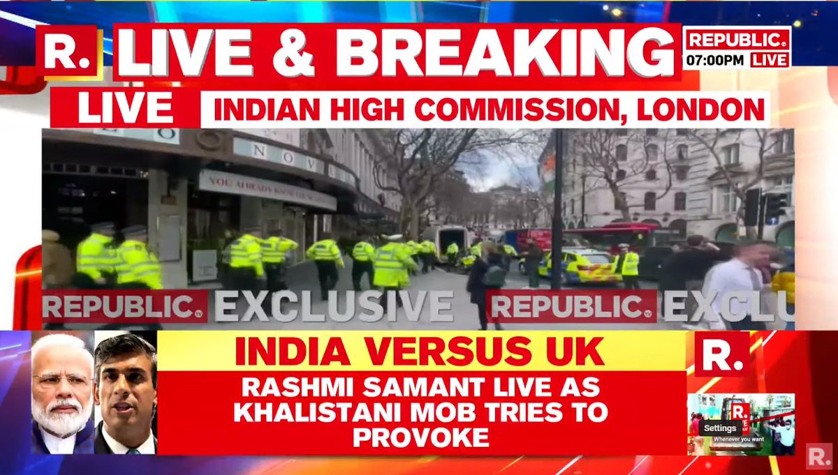 republic's tweet photo. #IndiaVsUK | Rashmi Samant #LIVE from outside Indian High Commission in London as Khalistani mob tries to provoke India again
Tune in here - https://t.co/ge3J2OVybC
#Khalistanis #RishiSunak #LondonEmbassy #IndianHighCommission https://t.co/dlJFfF5E8w