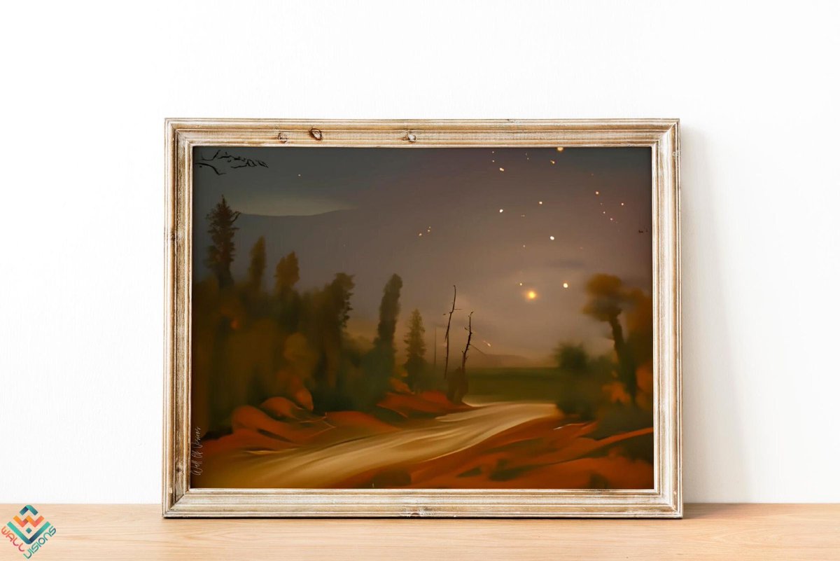 Starry Night #etsy shop: Starry Night Vintage Painting Starry Night Vintage Landscape Painting Moon and Stars Vintage Painting Digital Print Late Night #brown #black #entryway #countryfarmhouse #landscapescenery #st etsy.me/3zg2SA5