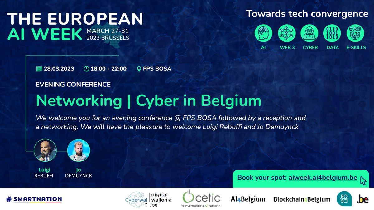 Le mardi 28 mars, dans le cadre de #euaiweek, le CETIC a le plaisir de vous inviter à la très intéressante session de clôture de la journée dédiée à la cybersécurité et au cocktail de networking qui suivra. Ne tardez pas à vous inscrire: aiweek.ai4belgium.be/fr/program-202…
<a href="/ai4_belgium/">AI4Belgium</a>