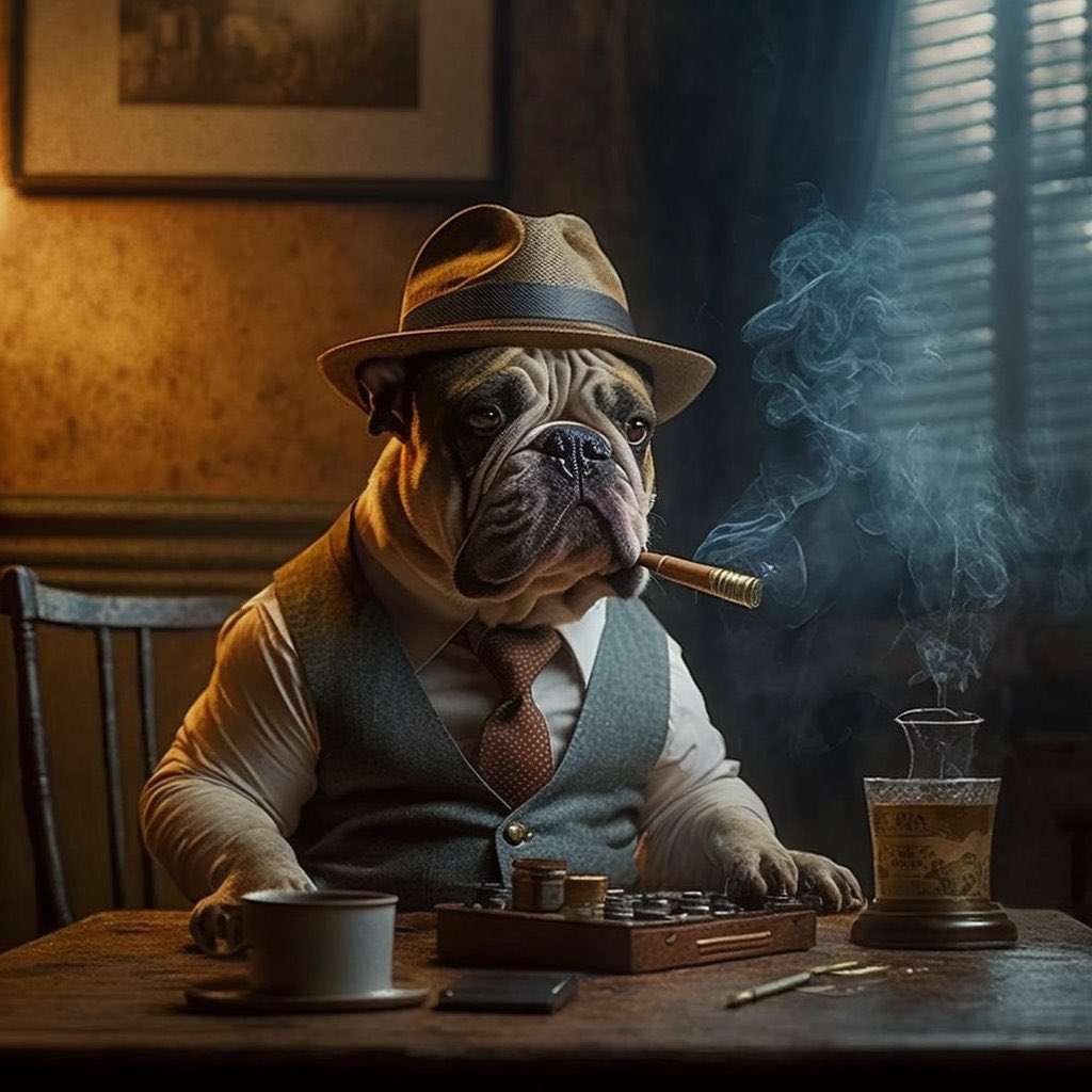 BinaryDennis's tweet photo. Battle of the image AIs. 
#midjourney vs #dalle 

Prompt: french bulldog mob boss, angry, stubborn, wearing suit, smoking a big cigar, wearing fedora, sitting at a big oak desk, smoke, poorly lit, wes anderson, wide shot, photo https://t.co/SdY9i0F7zN