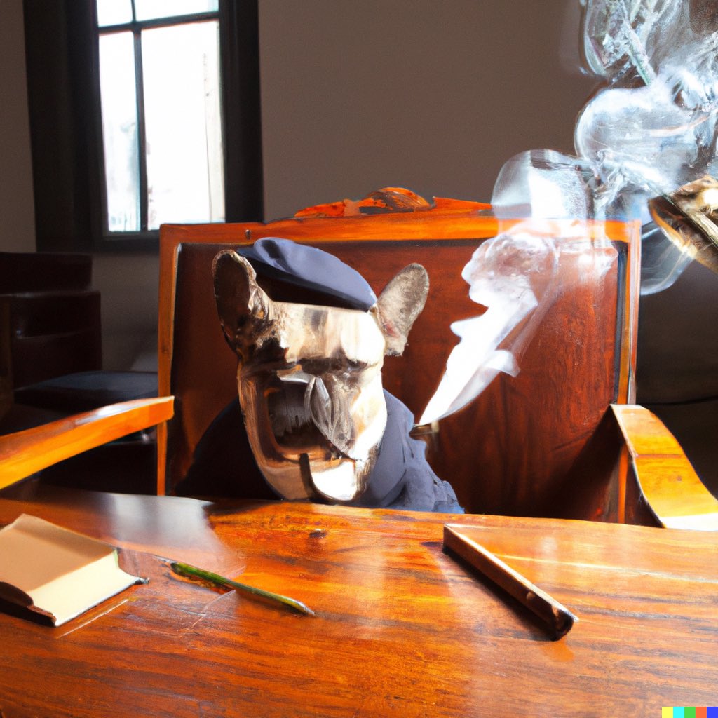 BinaryDennis's tweet photo. Battle of the image AIs. 
#midjourney vs #dalle 

Prompt: french bulldog mob boss, angry, stubborn, wearing suit, smoking a big cigar, wearing fedora, sitting at a big oak desk, smoke, poorly lit, wes anderson, wide shot, photo https://t.co/SdY9i0F7zN