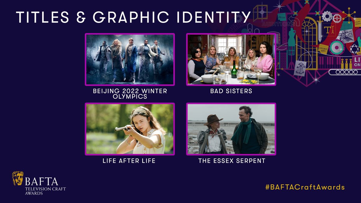 BAFTA's tweet photo. And now the nominees for Titles &amp; Graphic Identity…

BEIJING 2022 WINTER OLYMPICS
BAD SISTERS
LIFE AFTER LIFE
THE ESSEX SERPENT

#BAFTACraftAwards https://t.co/vQ8pQNaiqT