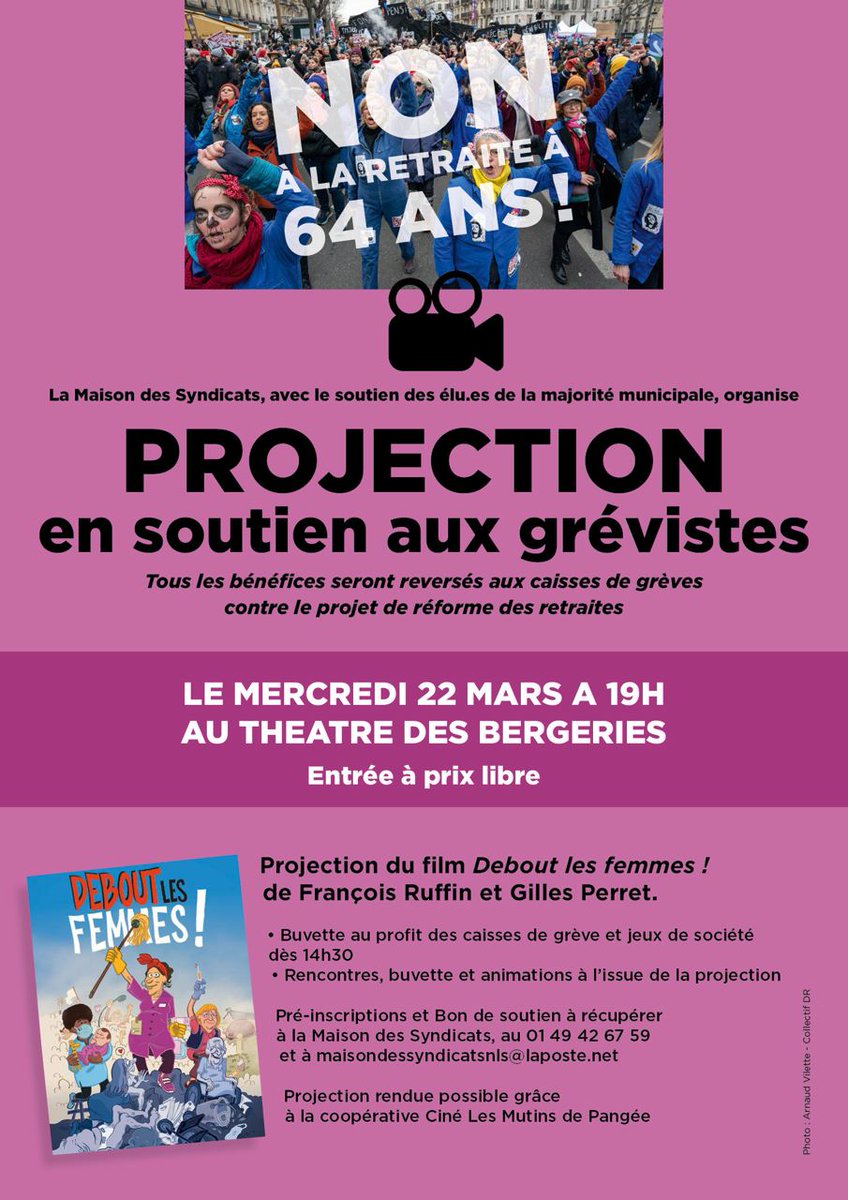 Ce soir ou même dès cet après midi, venez à la projection de soutien aux grévistes, organisée par la maison des syndicats de Noisy-le-Sec !

Projection à 19h du magnifique film "Debout les femmes", au Théâtre des Bergeries !

#NonALaReformeDesRetraites