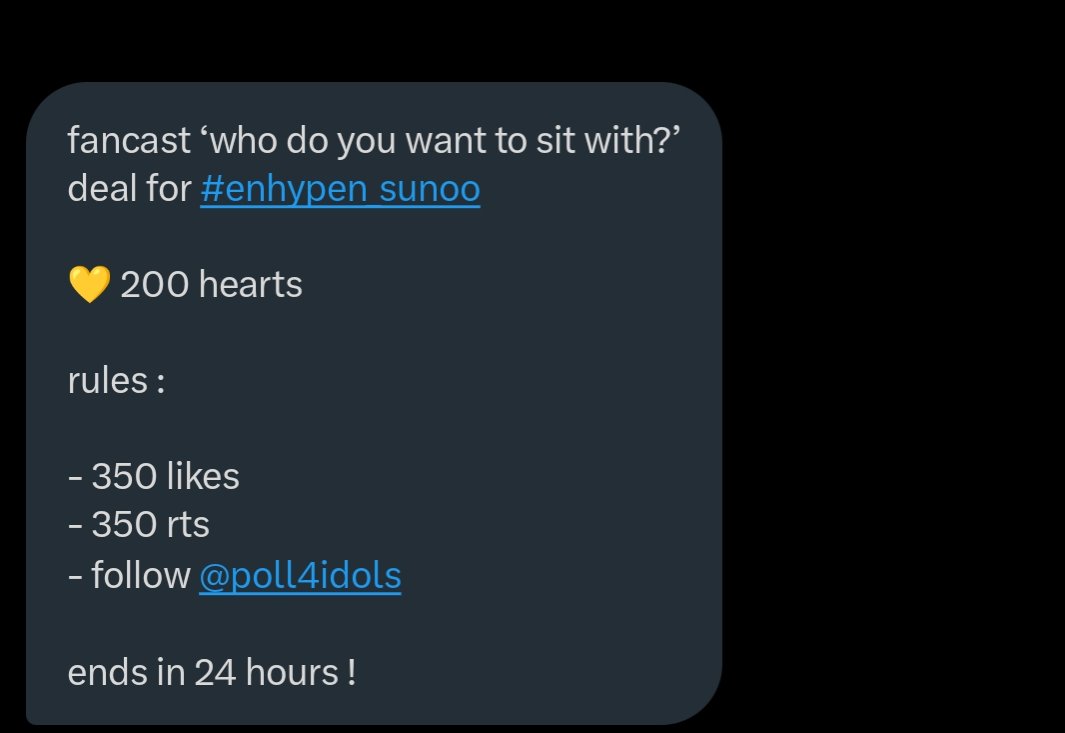 heevints's tweet photo. fancast deal for #enhypen_sunoo

200 hearts

rules 
-350 likes and rts
-follow @poll4idols 

ends in 24 hours https://t.co/Etu5czEaTC