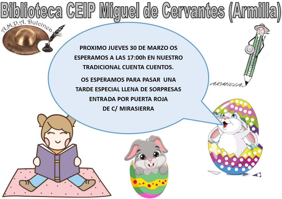 AMPADulcinea's tweet photo. CUENTA CUENTOS DE MARZO
Próximo jueves 30 de marzo a las 17:00h en la biblioteca del CEIP “Miguel de Cervantes” celebraremos nuestro habitual cuenta cuentos mensual.
Os esperamos para una pasar una tarde especial llena de sorpresas.
Entrada  por la puerta roja de la C/ Mirasierra https://t.co/CyG8c9OdVU