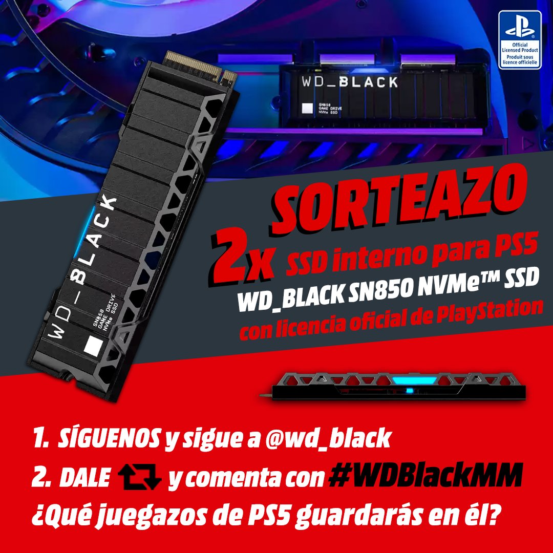 MediaMarktGames's tweet photo. 🔥 SORTEAZO 🔥 WD_BLACK SN850 NVMe™ SSD para consolas #PS5 de 2TB y otro de 1TB @wd_black Con licencia oficial para PS5😎

1⃣ Síguenos y a @wd_black
2⃣ Dale RT y comenta con #WDBlackMM ¿Qué juegazos de PS5 guardarás en él?

Consíguelos ya👉https://t.co/kgAsrcRWdR
🚨Hasta el 2/04 https://t.co/Ao6w7cGZMZ