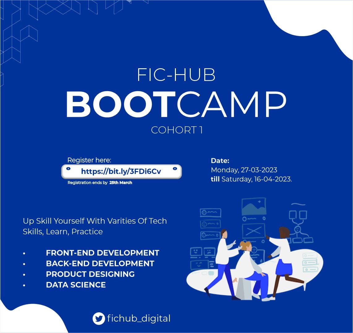 codmify's tweet photo. FicHub is set to host its first-ever bootcamp.  The program is structured to provide participants with hands-on training, mentorship, and networking opportunities with experienced professionals in their respective fields.

Register: https://t.co/3Wf0Umwrgg https://t.co/drmxoxdydT