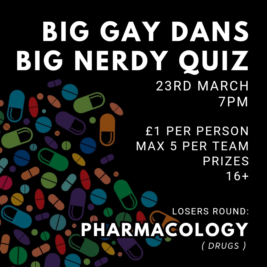 Bust open that pharmacology degree, or reminisce upon those party days because this week's losers round is PHARMACOLOGY (drugs)

23rd March, 7pm
Max 5 ppl per team
£1 per person
16+
Prizes

Kitchen open till 9pm
No booking necessary

#quiz #shrewsbury #Shropshire #supportlocal
