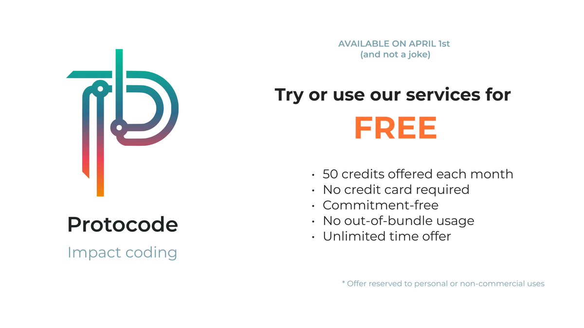 ProtocodeTech's tweet image. From april 1st, you will be able to try or use our services for free with the brand new &quot;starter pack&quot; 🔥
No joke 😉
