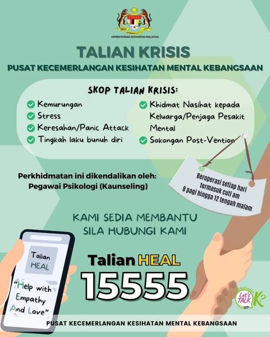 DGHisham's tweet photo. Perkhidmatan Pusat Talian Krisis Kesihatan Mental sudah beroperasi pada bulan  Oct 2022. Talian heal 15555 dapat memberikan bantuan sokongan emosi dan psikososial serta intervention awal apabila tertekan dan berdepan dengan krisis. Beroperasi dari jam 8pagi sehingga 12 tgh mlm https://t.co/VfoyYFKNUC