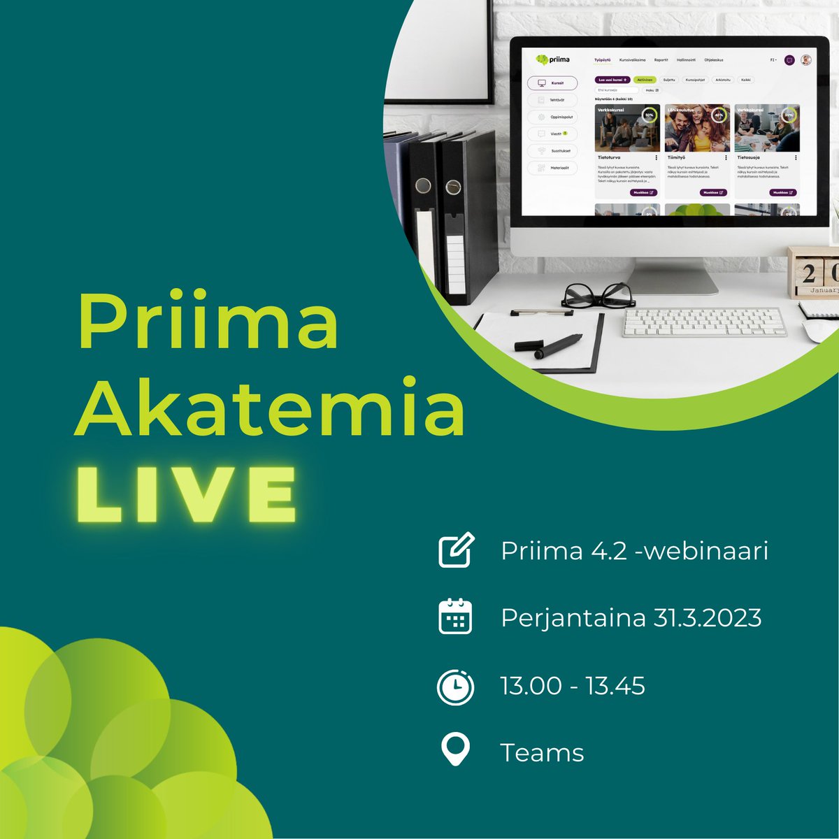 saarnilearning's tweet photo. Tule mukaan tutustumaan tuoreeseen Priima 4.2 -päivitykseen, joka tuo uudistuksia mm. Priiman työpöydälle. Ilmoittautuminen: https://t.co/rKotv7cdcz

#oppimisympäristö #oppiminen #koulutus #verkkokoulutus #priimalms #priimaakatemia #saarnilearning https://t.co/AVQLBWdQhq