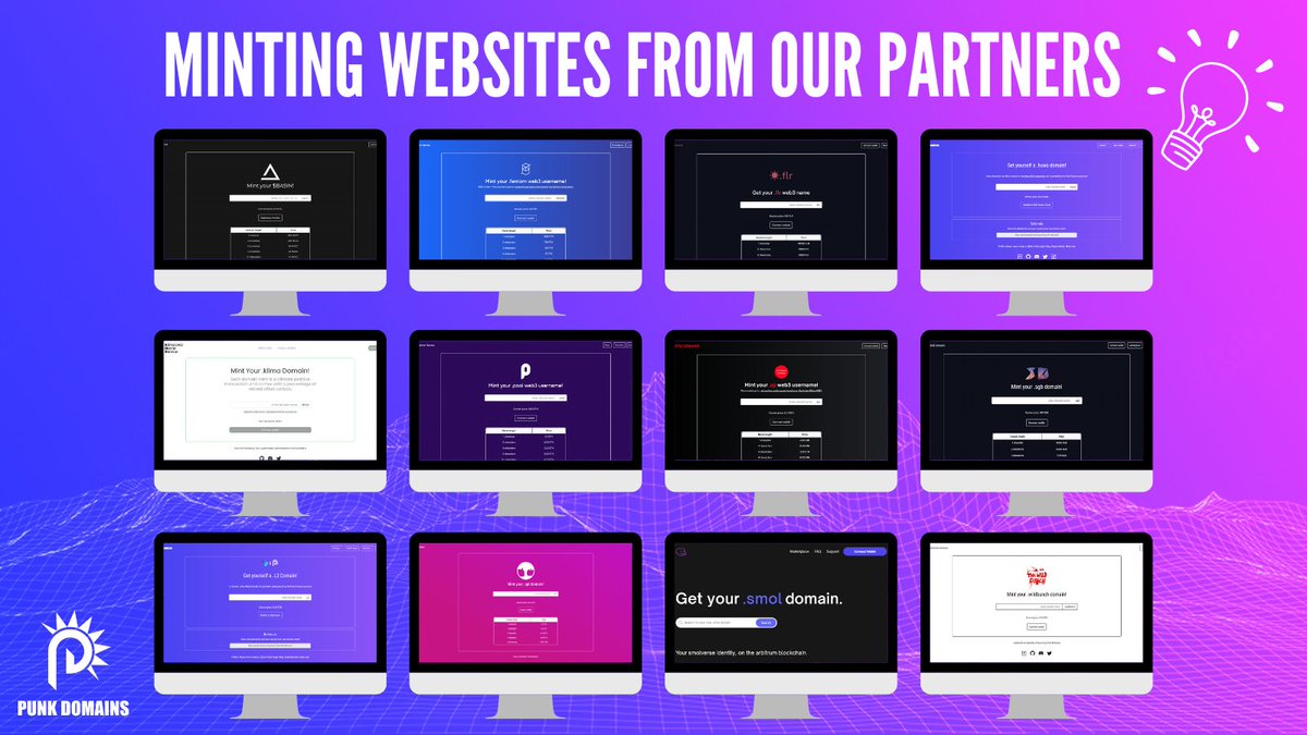 Our partners minting websites. 🤘😎 You can find all the minting websites here (right top corner-Partners): punk.domains/#/