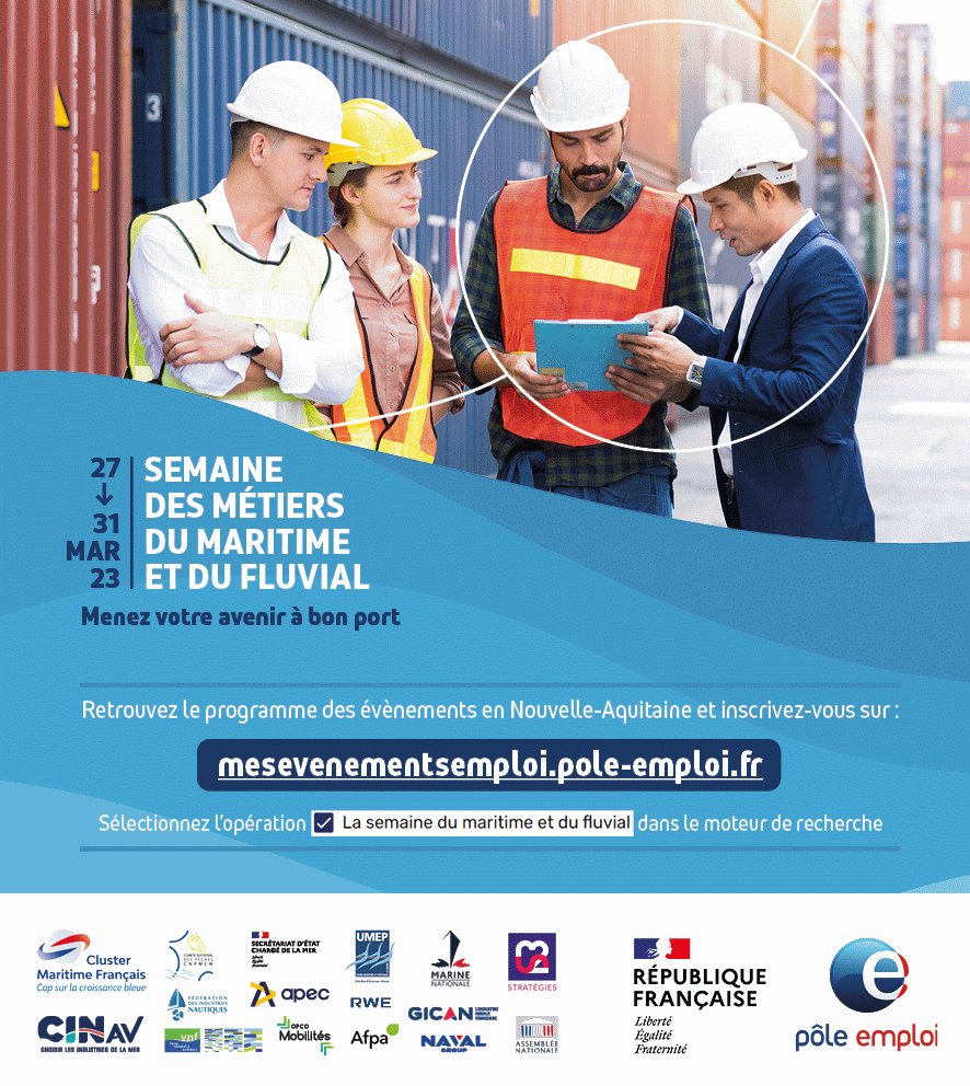 Apec_NA's tweet photo. Bienvenue à bord 🚢 de la 7ème édition de la semaine de l’#emploi  #maritime et fluvial (𝐝𝐮 𝐥𝐮𝐧𝐝𝐢 𝟐𝟕 𝐚𝐮 𝐯𝐞𝐧𝐝𝐫𝐞𝐝𝐢 𝟑𝟏 𝐦𝐚𝐫𝐬 𝟐𝟎𝟐𝟑).
300 évènements 🤩 organisés dans toute la France dont un peu plus de 25 en #nouvelleaquitaine. 
https://t.co/kCx8AdQSMT https://t.co/euPwaY2KzV