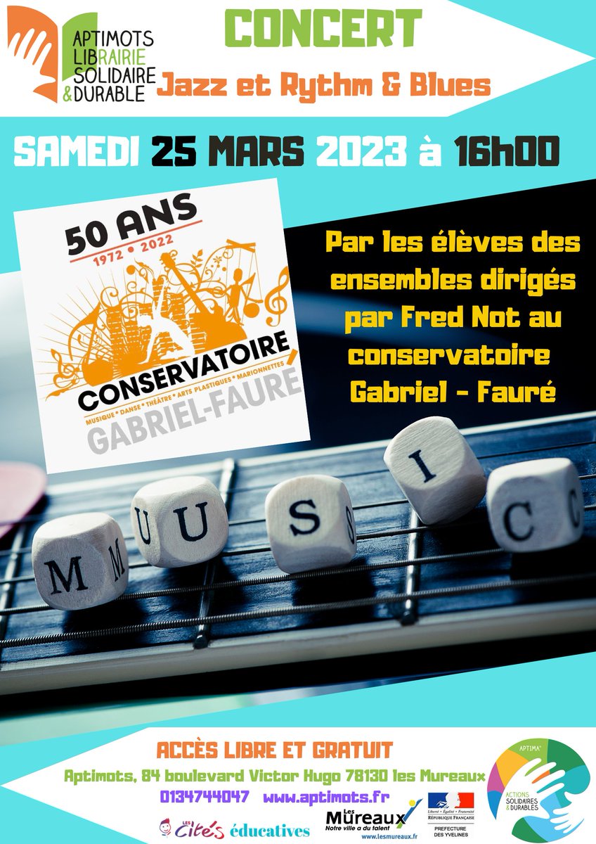 Bonjour à toutes et tous!

Musique dans votre librairie solidaire!

Samedi 25 Mars 2023 à 16h00 les Classes d'ensemble de Jazz et de Rythm&amp;Blues dirigées par Fred Not au Conservatoire Gabriel-Fauré Les Mureaux viendront vous proposer leur groove pour un peu plus d'une heure!