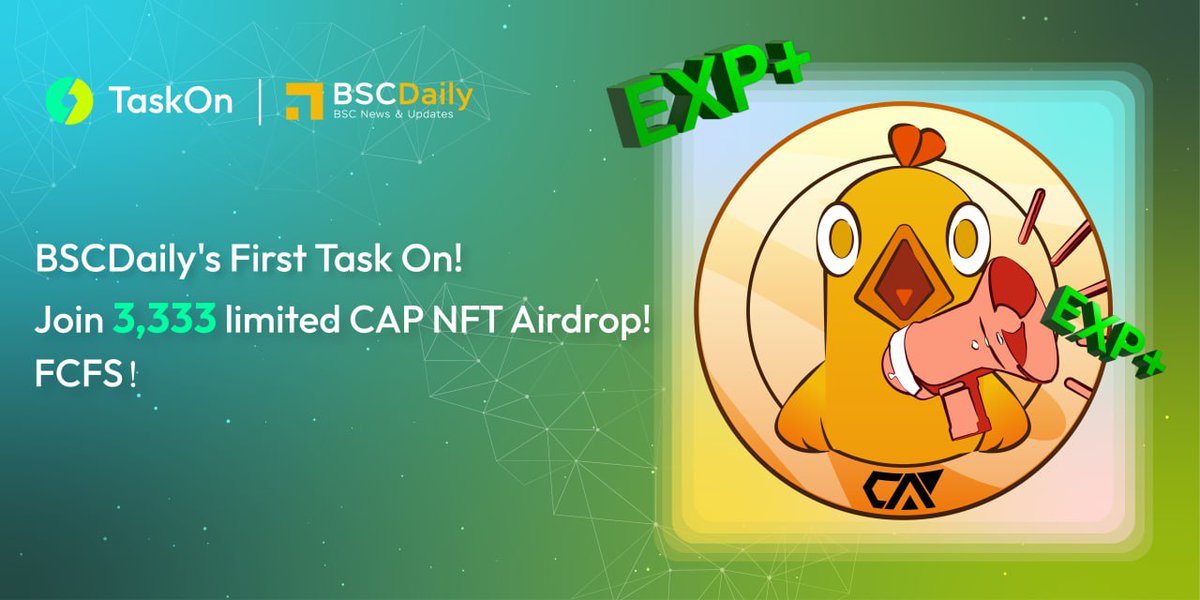 bsc_daily's tweet photo. 🔈 LIMITED GIVEAWAY CAMPAIGN

Let's join our first Early Bird CAPs &amp; EXPs #Giveaway campaign on 
@taskonxyz
 🚀🚀

🔥 Only First 3,333 participants can claim rewards #FCFS

⏰ End on Mar 29th

▶️ JOIN NOW: https://t.co/TWKSUICZbO

#Airdrop #TaskOn #Web3 #NFT #NFTGiveaways https://t.co/tmQViHNu2A