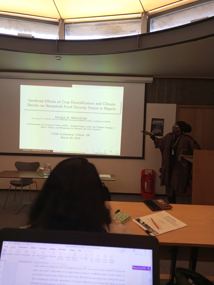 Glad to have attended #OxCSAE2023 @Oxford_CSAE. I got to present my @PEPnetwork research on the gendered effects of climate shocks & crop diversification on food security