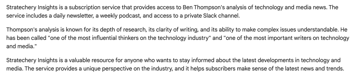 lewistong's tweet photo. @benthompson Bard thinks you offer 'Stratechery Insights" which includes a Slack channel 👀 https://t.co/ayJcopbC70