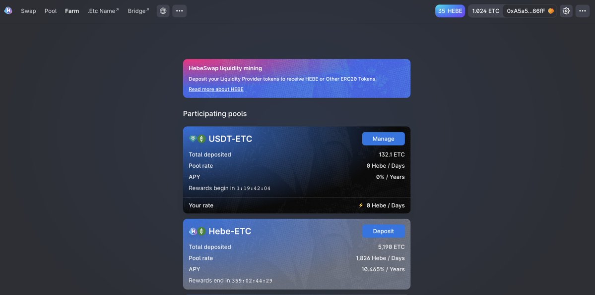 🎉It's time for a lucky draw! HEBESWAP is about to launch the $ETC -USDT farm.

Follow  <a href="/EtcHebeBlock/">HebeSwap</a>
Retweet + Like + Comments

app.hebeswap.com/#/farm

We will randomly select 3 lucky winners to receive 666 HEBE each! Join us now! 🚀

#ETCArmy #ETC #EthereumClassic