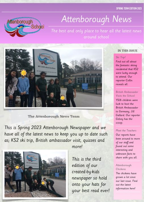 AttenboroughSc1's tweet photo. Hot off the press! The latest edition of Attenborough News, written by our global citizens focusing on real news stories! #writingforpurpose#newsclub https://t.co/u7NmVKtIOz