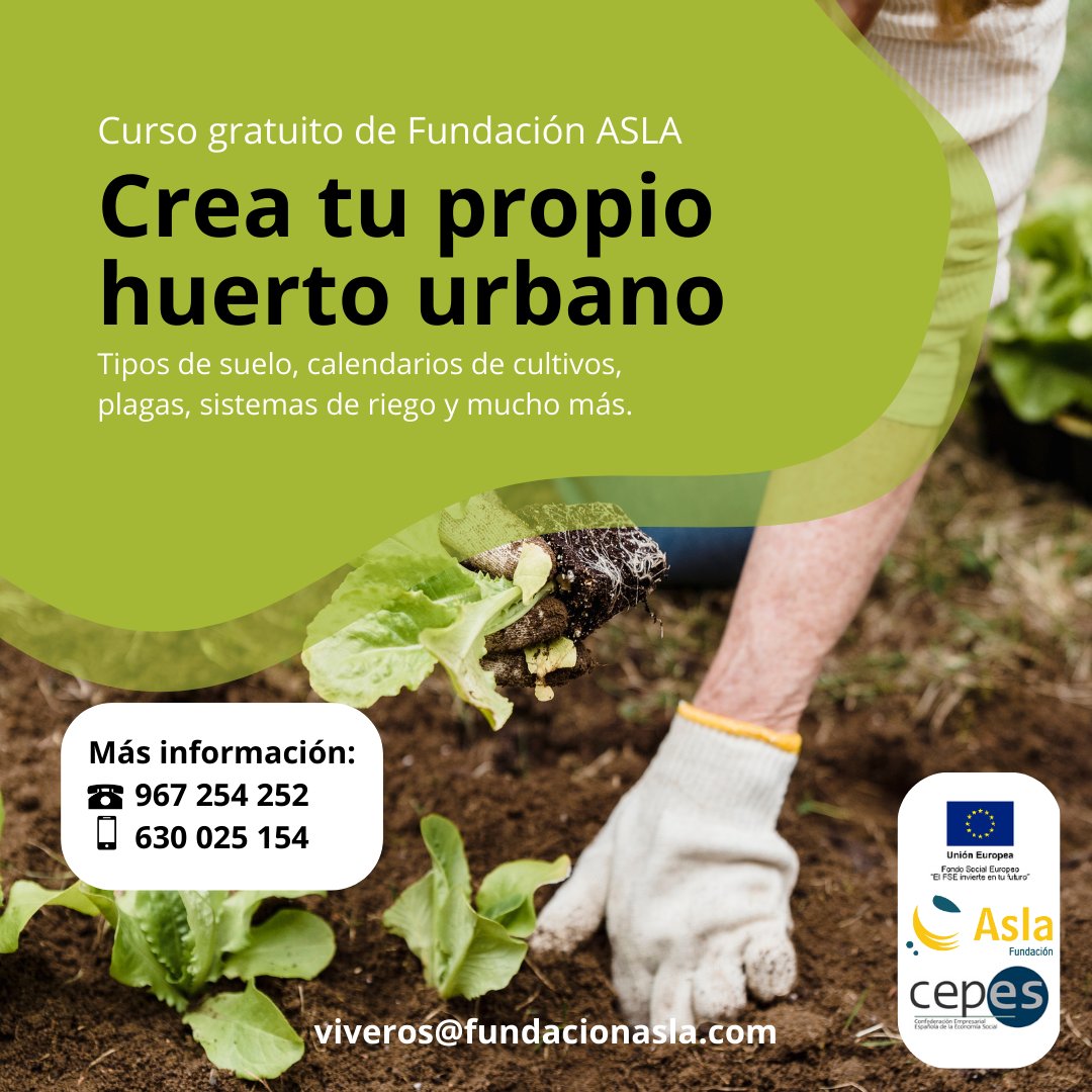 🍅¿Quieres aprender a gestionar tu huerto urbano desde cero? 👉Impartimos un curso gratuito.
Aprenderás 🤓todo lo que necesitas saber para poner en marcha tu huerto ecológico. 
☎️ 967 254 252 // 630 025 154
📧viveros@fundacionasla.com
📍Carretera de las Peñas Km. 2,5 Albacete