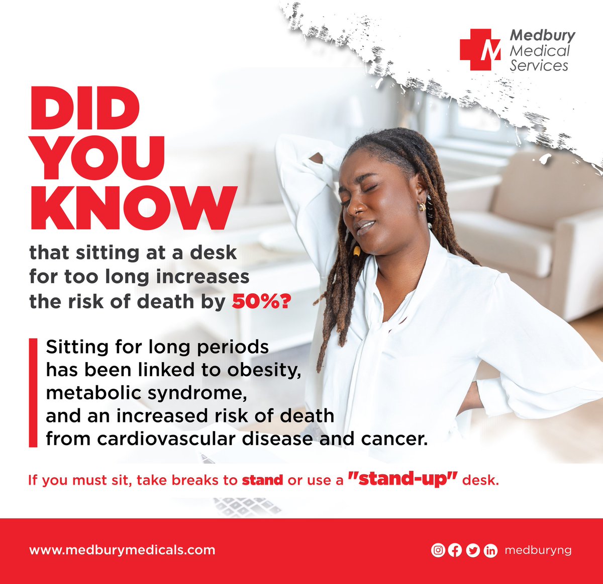 MedburyNG's tweet photo. Did you know that sitting at a desk for too long increases the risk of death by 50%? So, following this post, will you do better?
#health #sittingtoolonghurts #backpains #deathrisk #medburymedicals #medburylabs #occupationalhealth #earthquake #Babcock #WBC2023 #LIRS https://t.co/lJLJ5WygiD
