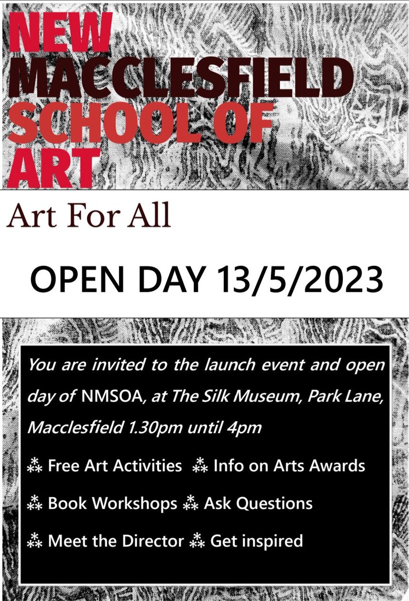 NewMaccArtSch's tweet photo. Launch x open day @silkmuseummacc book our contemporary drawing master classes, accessible visual art sessions for beginners, @ArtsAward courses, #printmaking and family workshops #Macclesfield #Artschool #ArtForAll https://t.co/xk5Vuor8gk