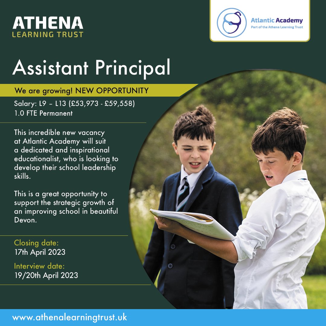 NEW ROLE - Assistant Principal at Atlantic Academy
⁠A great opportunity to support strategic growth and develop school leadership skills.  
Closing date: 17th April ⁠
⁠
#Recruitment #EduJobs ⁠#Education #SouthWestSchools #DevonSchools #AssistantPrincipal #WorkWithUs #Devon