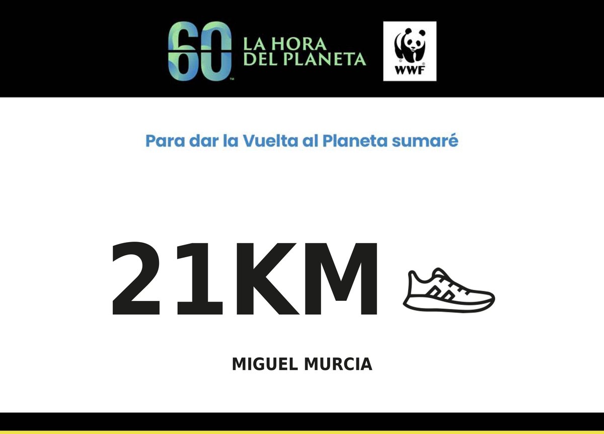 MiguelMurciaWWF's tweet photo. Este año, con motivo de #HoraDelPlaneta vamos a utilizar el deporte y sus valores como símbolo. Con esfuerzo y trabajo en equipo podemos ganar la carrera a la emergencia climática. 

¡Vamos a por la tercera vuelta al 🌎!
Yo aporto mis 21Km
¿Te apuntas? https://t.co/iZ9ZhU6Tyz https://t.co/nXrvvkTqeL