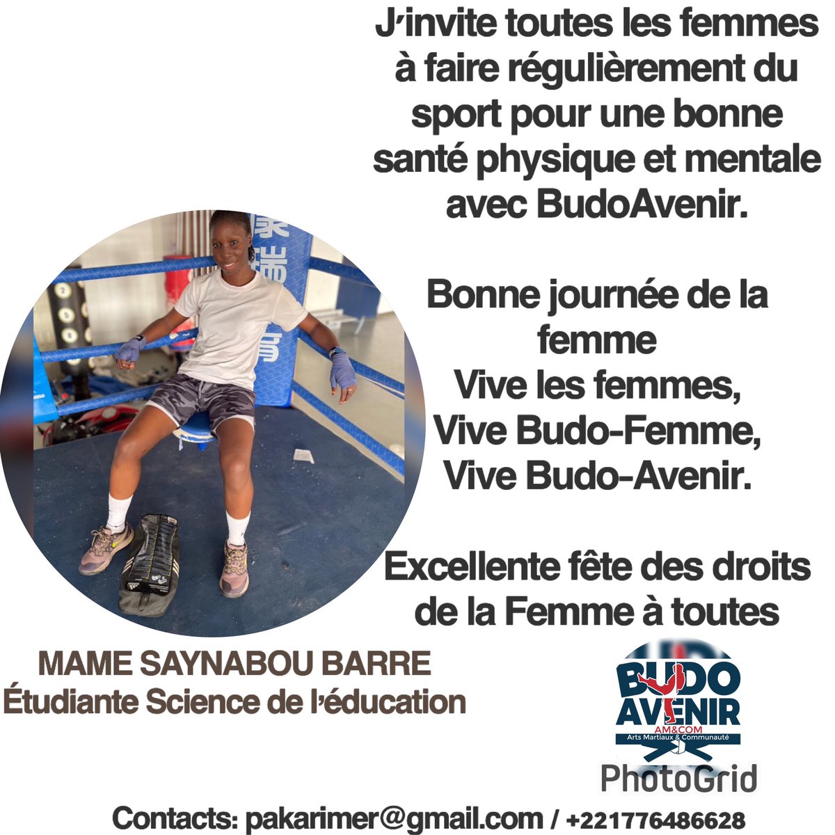 PaKarimJr's tweet photo. J'invite les #femmes à faire #régulièrement du #sport pour une bonne #santé #physique et #mentale avec BudoAvenir.
Bonne journée de la femme
Vive les femmes,
Vive Budo-Femme,
Vive Budo-Avenir,
Excellente #fête des #droits de la #Femme à toutes
#kebetu #Senegal #budoavenir #sport https://t.co/bVG3xsRAeI