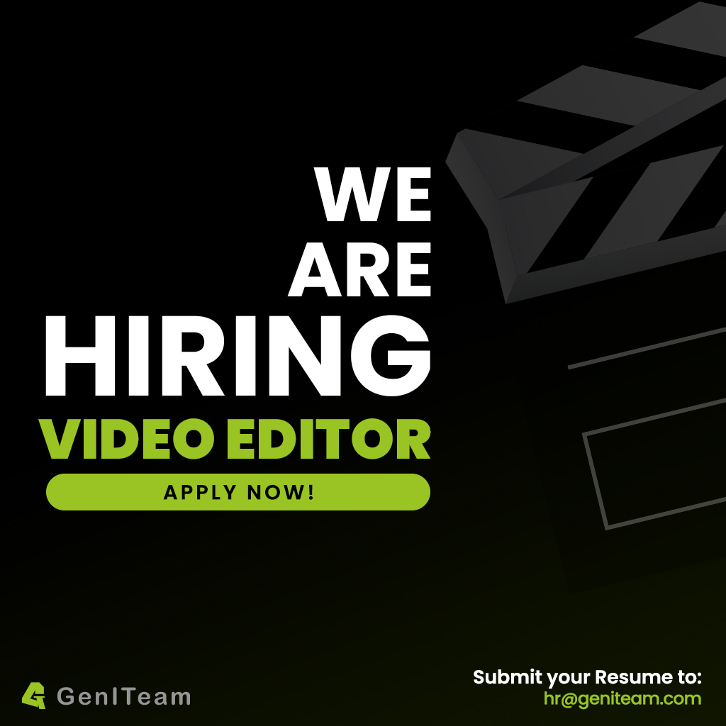 Join our team as a Video Editor! Are you a pro at crafting stunning visuals and creating graphics? We're looking for someone like you to help bring our vision to life!
Apply now at hr@geniteam.com

#jobalert #jobhiring #hiringnow #videoeditor