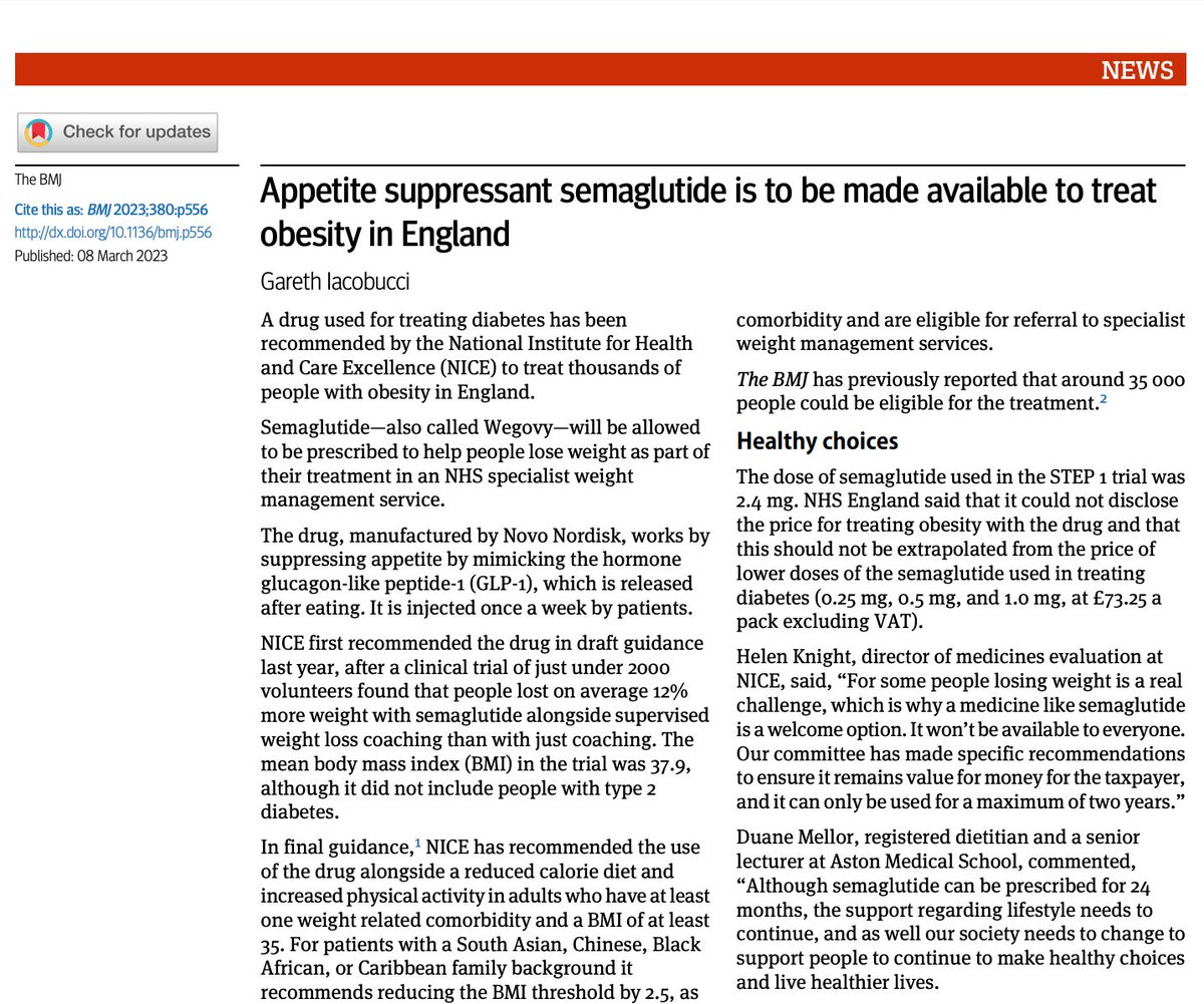 Gut_BMJ's tweet photo. Excellent #LeadingArticle by @emadelomar & Camilleri on
"Ten reasons gastroenterologists and hepatologists should be treating obesity" via https://t.co/LLpTzaW9rJ
To accompany the article in @bmj_latest "Appetite suppressant semaglutide... " via
https://t.co/ucX03DSK4s #Obesity https://t.co/Xq16ASLowx
