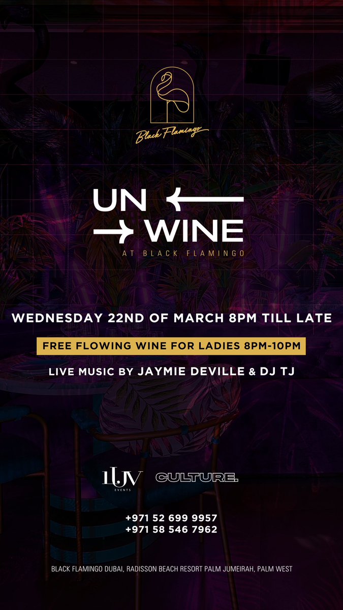 Live music tonight with Jaymie Deville &amp; DJ TJ #Unwine 🍷 Free flowing wine for ladies between 8pm-10pm at Black Flamingo, Palm West Beach 📲 +971 52 699 9957