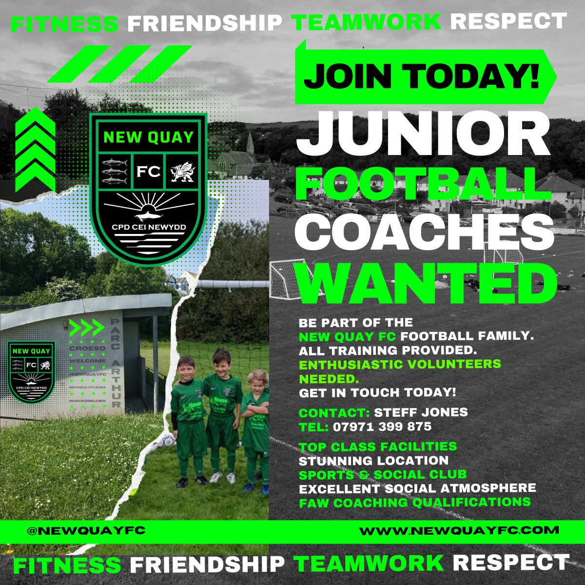 Join today! Junior Football Coaches Wanted!

Be part of the New Quay FC football family. 

All training provided.
Enthusiastic volunteers needed. 
Get in touch today!

Fitness Friendship Teamwork Respect

Contact: Steff Jones
Tel: 07971 399 875
<a href="/SCards_Football/">Ceredigion League</a>