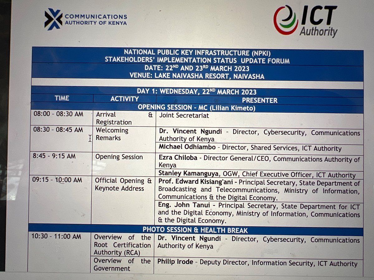 The National Public Key Infrastructure (NPKI) stakeholders implementation status update was opened by Director General <a href="/CA_Kenya/">Communications Authority of Kenya (CA)</a>  Ezra Chiloba @CADirectorGen, and <a href="/ICTAuthorityKE/">ICT Authority</a> CEO  Stanley Kamanguya