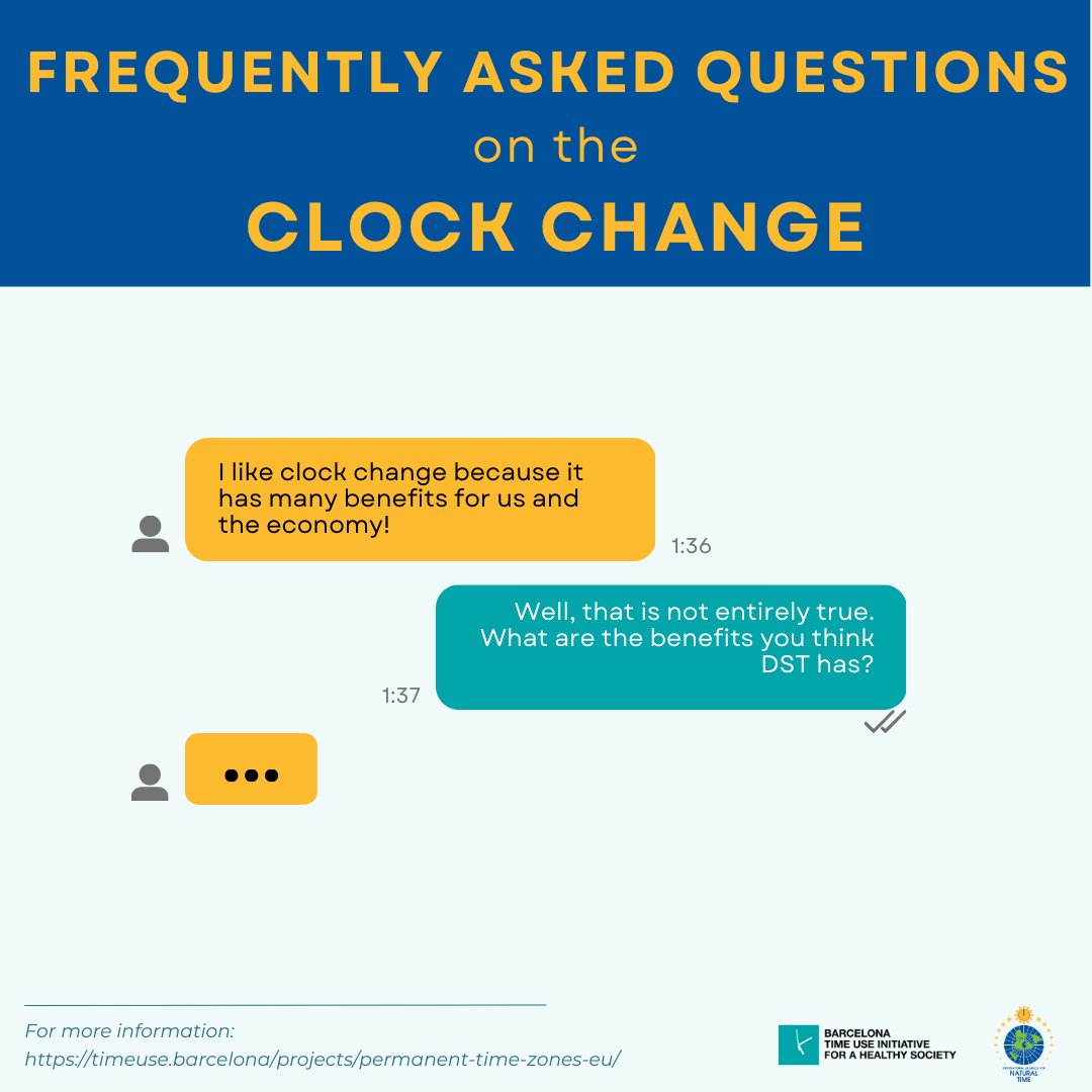 🕒 This weekend, the clock changes again.

We are launching a #campaign to increase #citizensawareness on the harmful effects of clock changes and wrong time zones. 

Join us to spread the campaign!

 #EndDST #DST #ClockChange #RighToTime!
