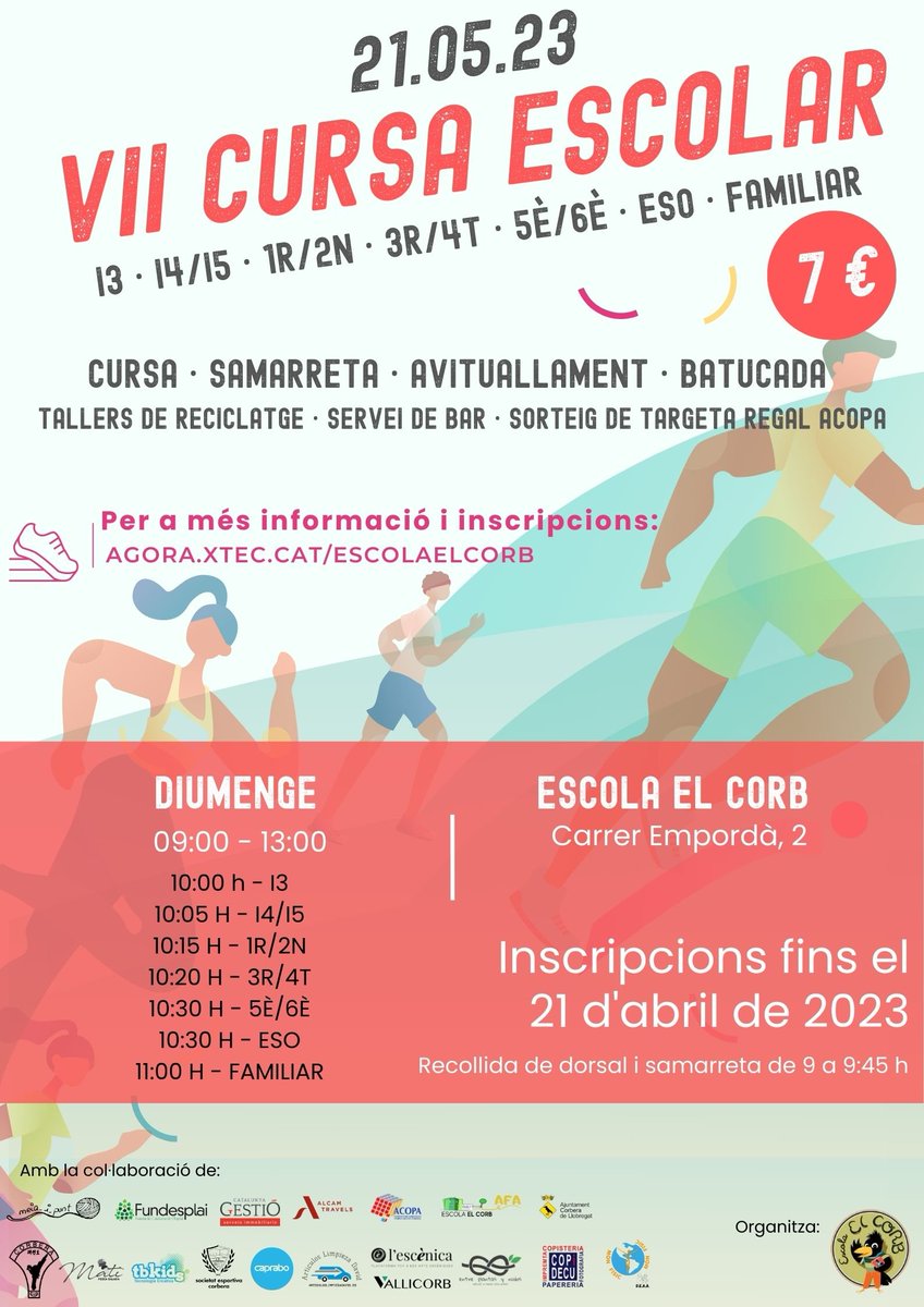 afaescolaelcorb's tweet photo. Com cada any, el proper 21de maig torna la Cursa Escolar del Corb! Hi trobareu tallers de reciclatge, batucada, servei de bar..I aquest any sortejarem una targeta regal de 50€ de l’ACOPA per a tots els participants. Així que, us hi esperem! Per animar, passar-ho bé i fer pinya https://t.co/QomrsYgBZw