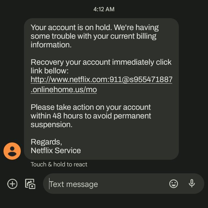 JCyberSec_'s tweet photo. Netflix #phishing SMS campaign using an auth header in the URL to trick users📺
👵This is a really old technique
🌐hxxp://www.netflix.com:911@s955471887
.onlinehome.us/mo
#KITIntel🔍It works because HTTP authentication is optional and ignored by the server of the loaded site💻 https://t.co/IDkvnGDxG3